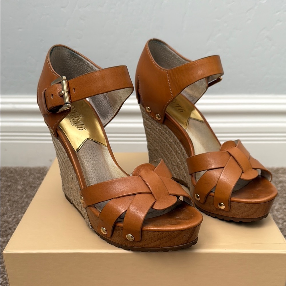 Elegant Brown Leather Wedge Sandals with Platform
